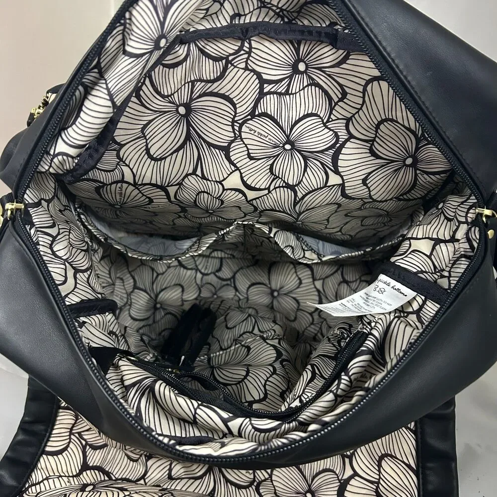 Petunia Pickle Bottom Black Vegan Leather Backpack Floral Lining Changing Pad